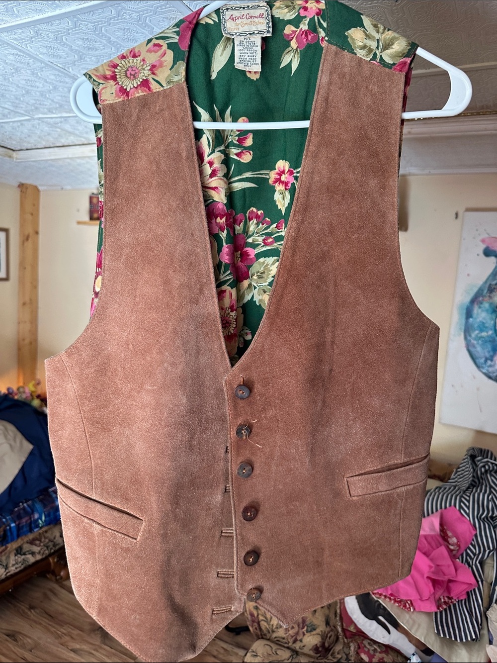 April Cornell Brown Suede Vest with Green Floral Lining